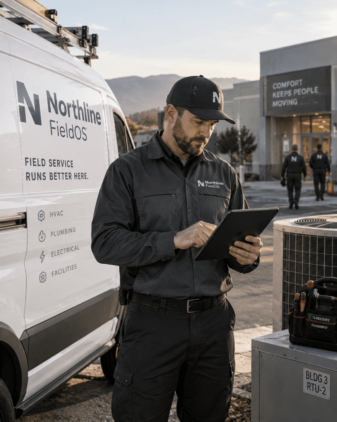 AI-generated field-service scene showing a technician using a tablet beside a service vehicle.