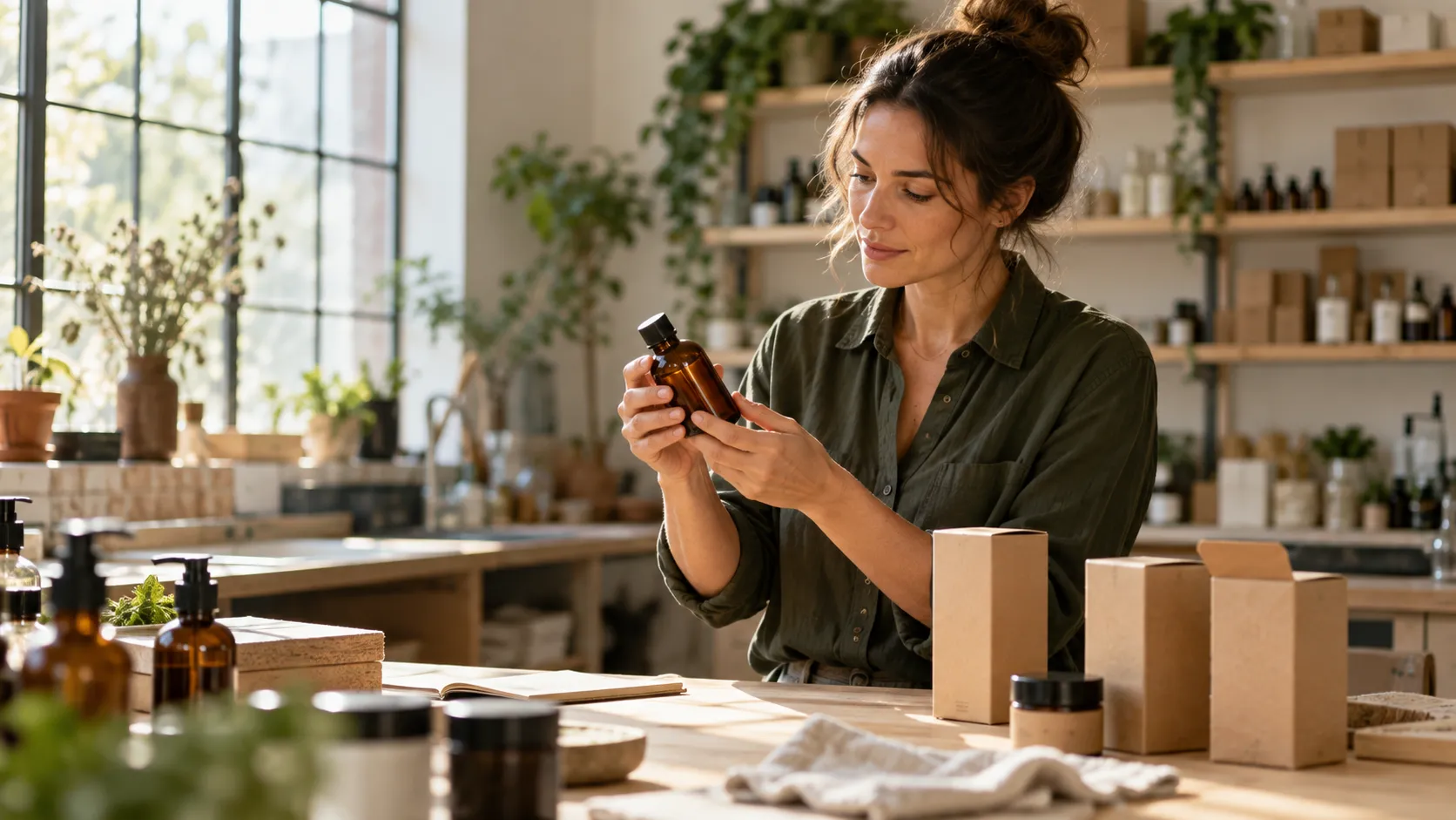 A founder inspecting one of her products in a bright studio workshop.