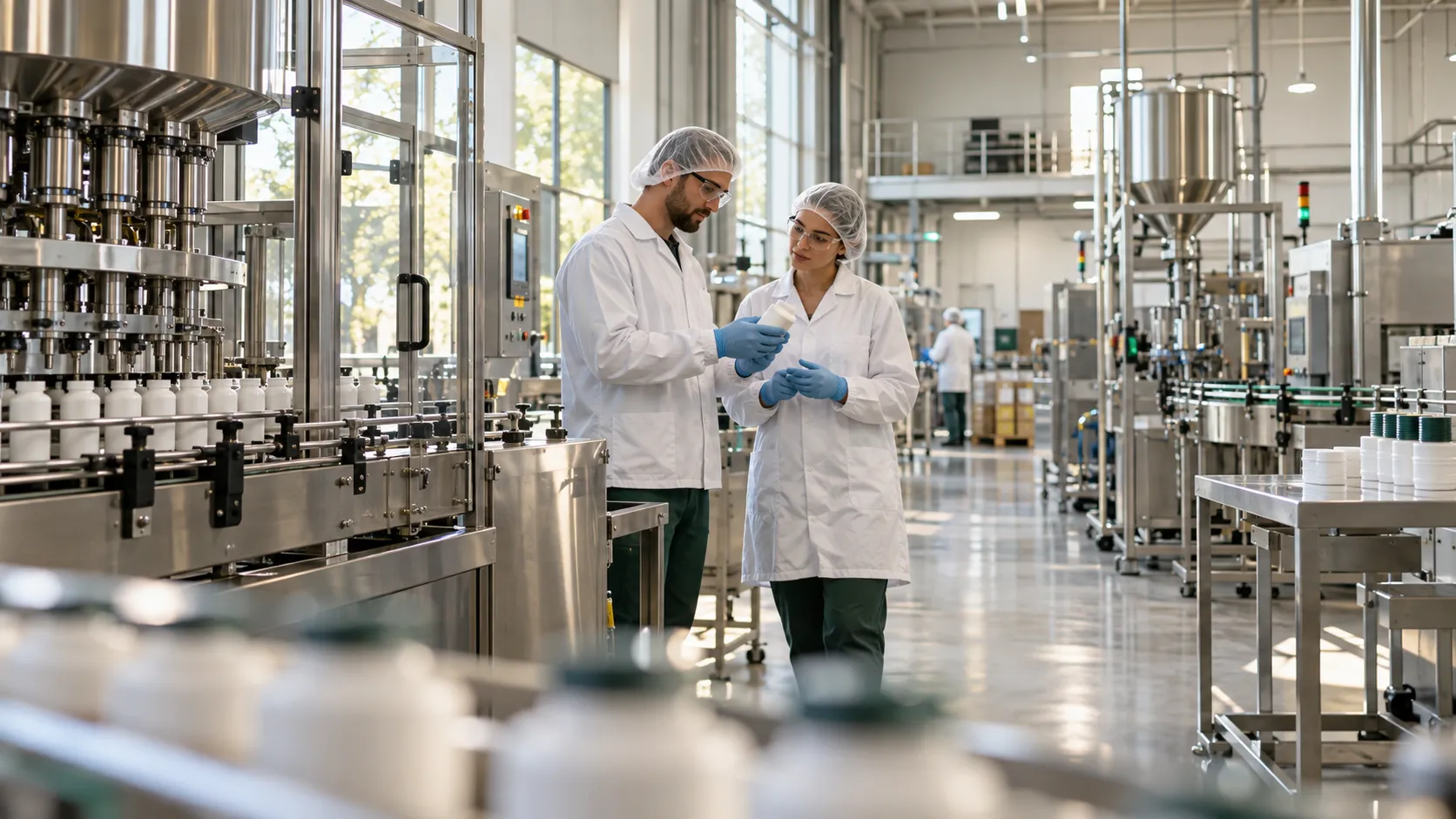 Two quality specialists reviewing a product on a manufacturing line.