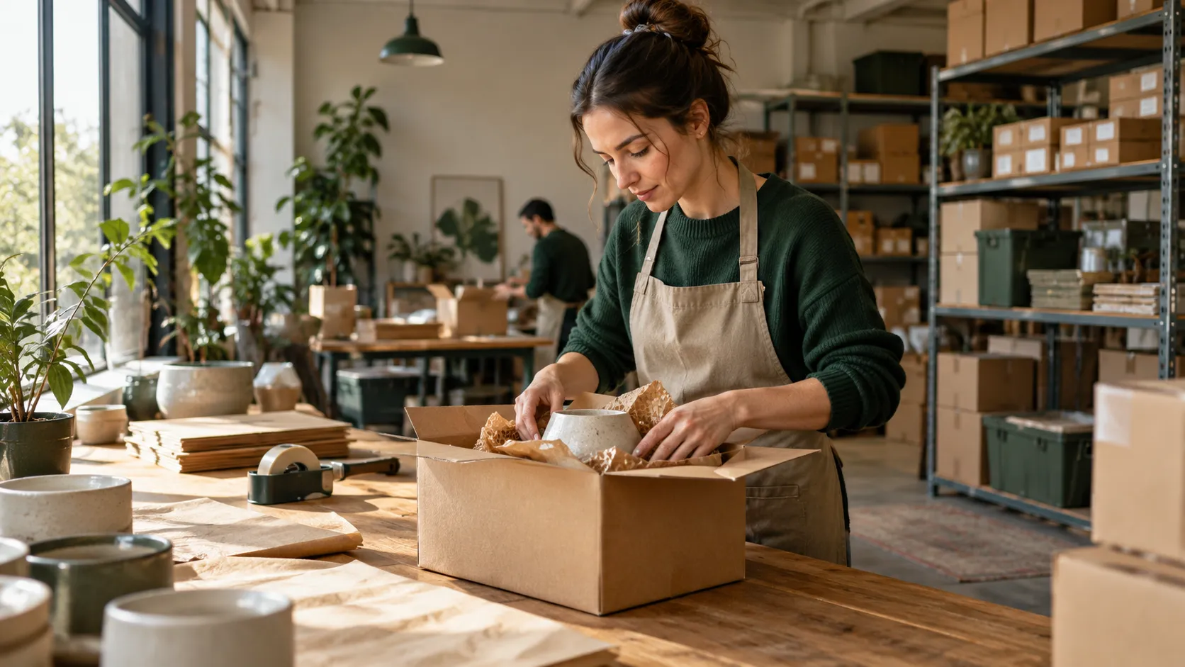 A team member packing an order in a bright dispatch workshop.