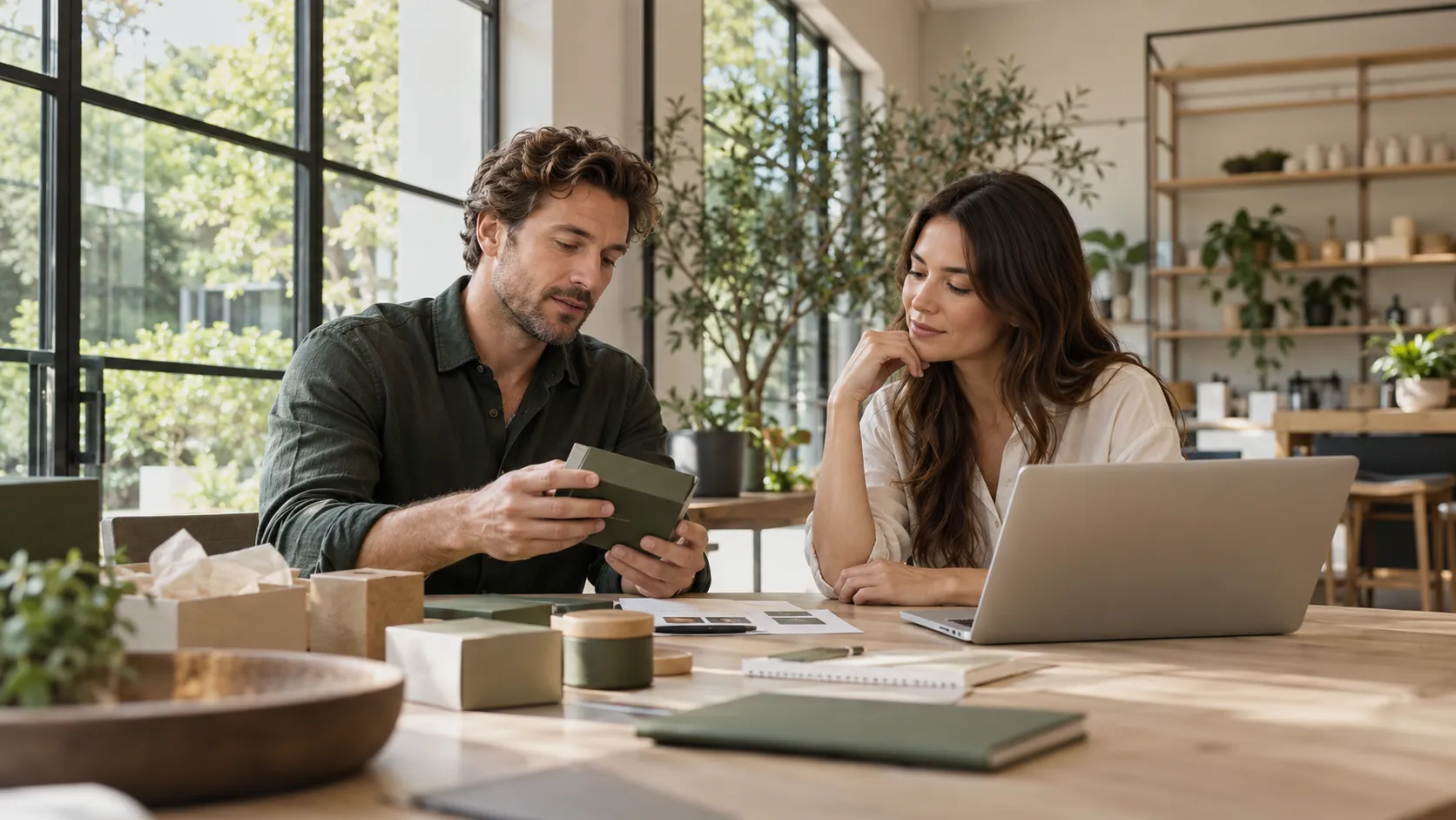 Two colleagues reviewing a product sample and proposal at a table.