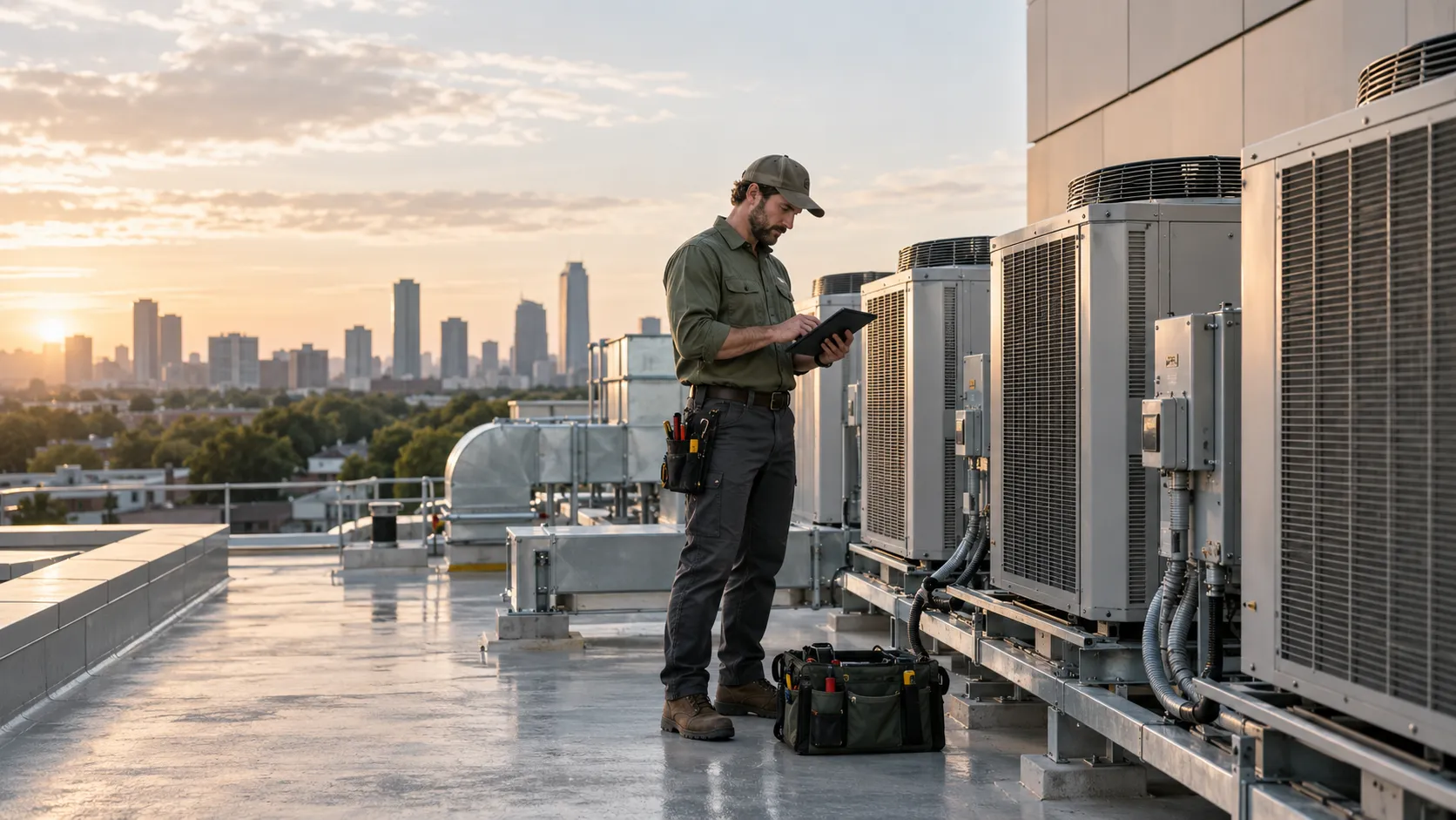 A technician checking rooftop air-conditioning units on a tablet at sunrise.